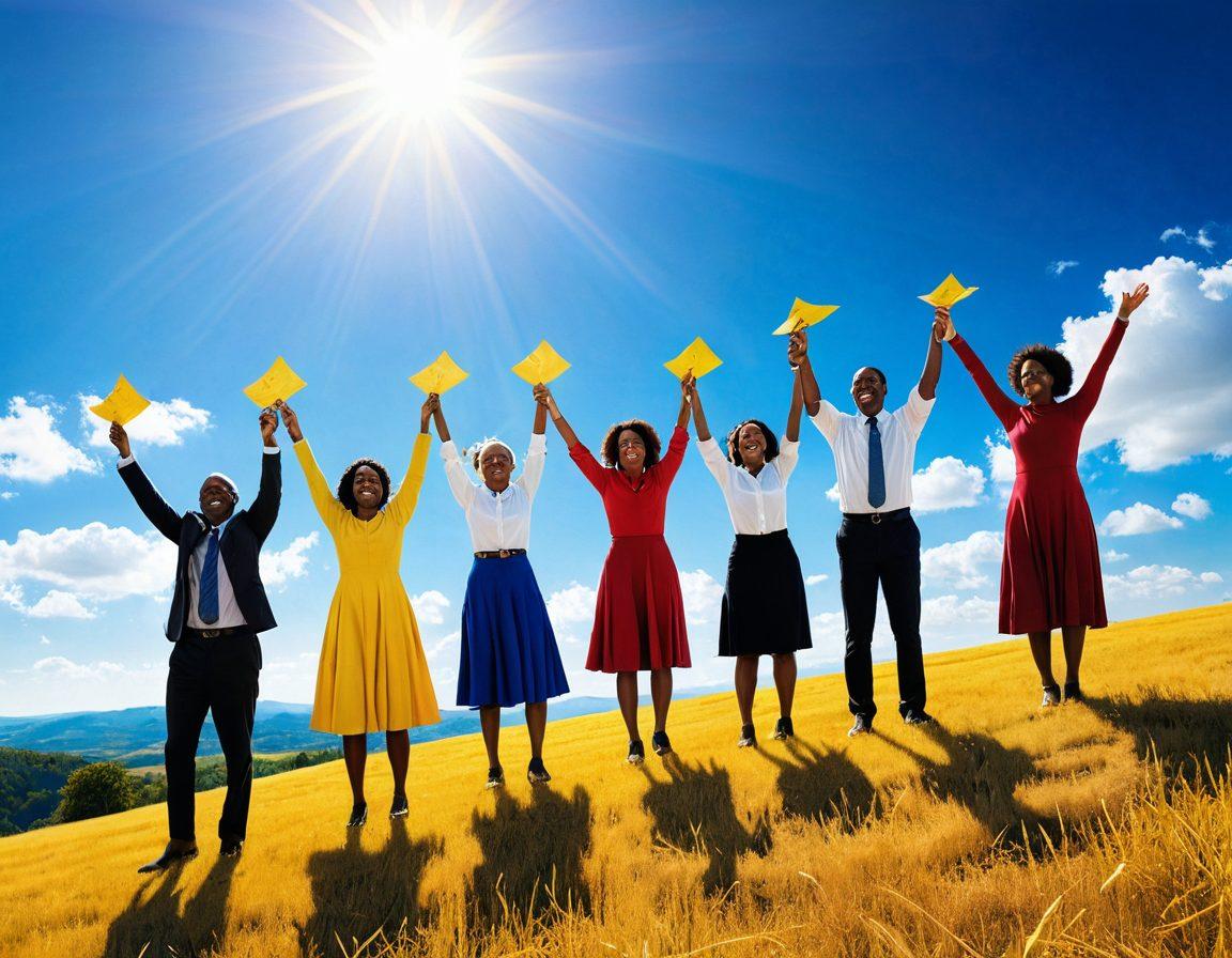 An inspiring scene of a diverse group of people celebrating financial independence on a sunny hilltop, with a backdrop of golden fields representing wealth and growth. In their hands are symbolic items like piggy banks, charts, and bills being torn apart, showcasing overcoming debt. The atmosphere is filled with hope and unity, with a clear blue sky overhead. super-realistic. vibrant colors. inspirational.