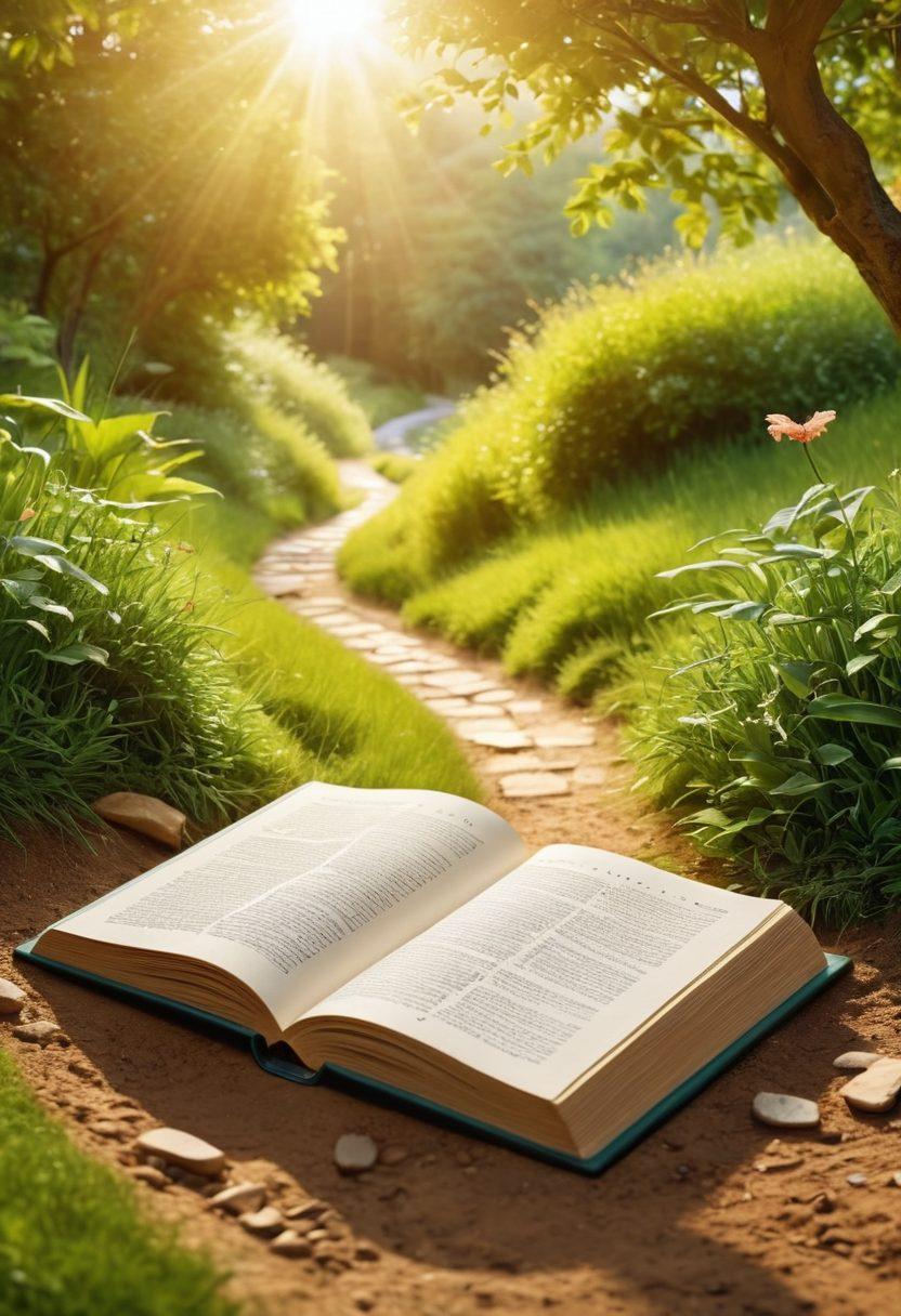 A winding path leading through a lush green landscape, with signposts labeled 'Budgeting', 'Investing', 'Saving', and 'Financial Planning' at various points along the way. The path is illuminated by soft golden sunlight, symbolizing hope and prosperity, while an open book lies on the ground, pages fluttering in the breeze, filled with financial concepts. The scene instills a sense of adventure in learning about finance. vibrant colors. super-realistic. daylight.